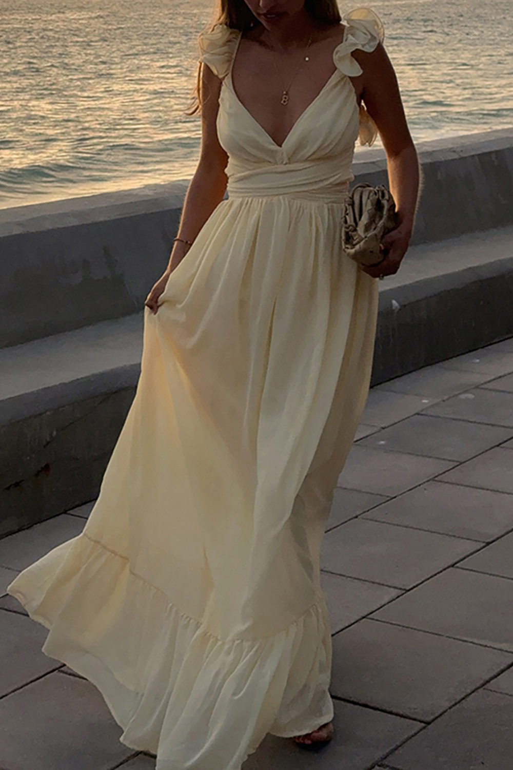Yellow A Line V-Neck Ruffled Maxi Dress