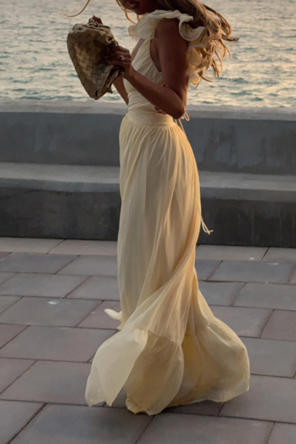 Yellow A Line V-Neck Ruffled Maxi Dress