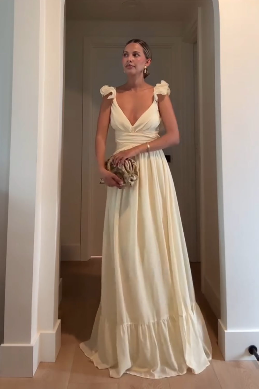 Yellow V-Neck Ruffled Sheath Maxi Dress with Sleeves