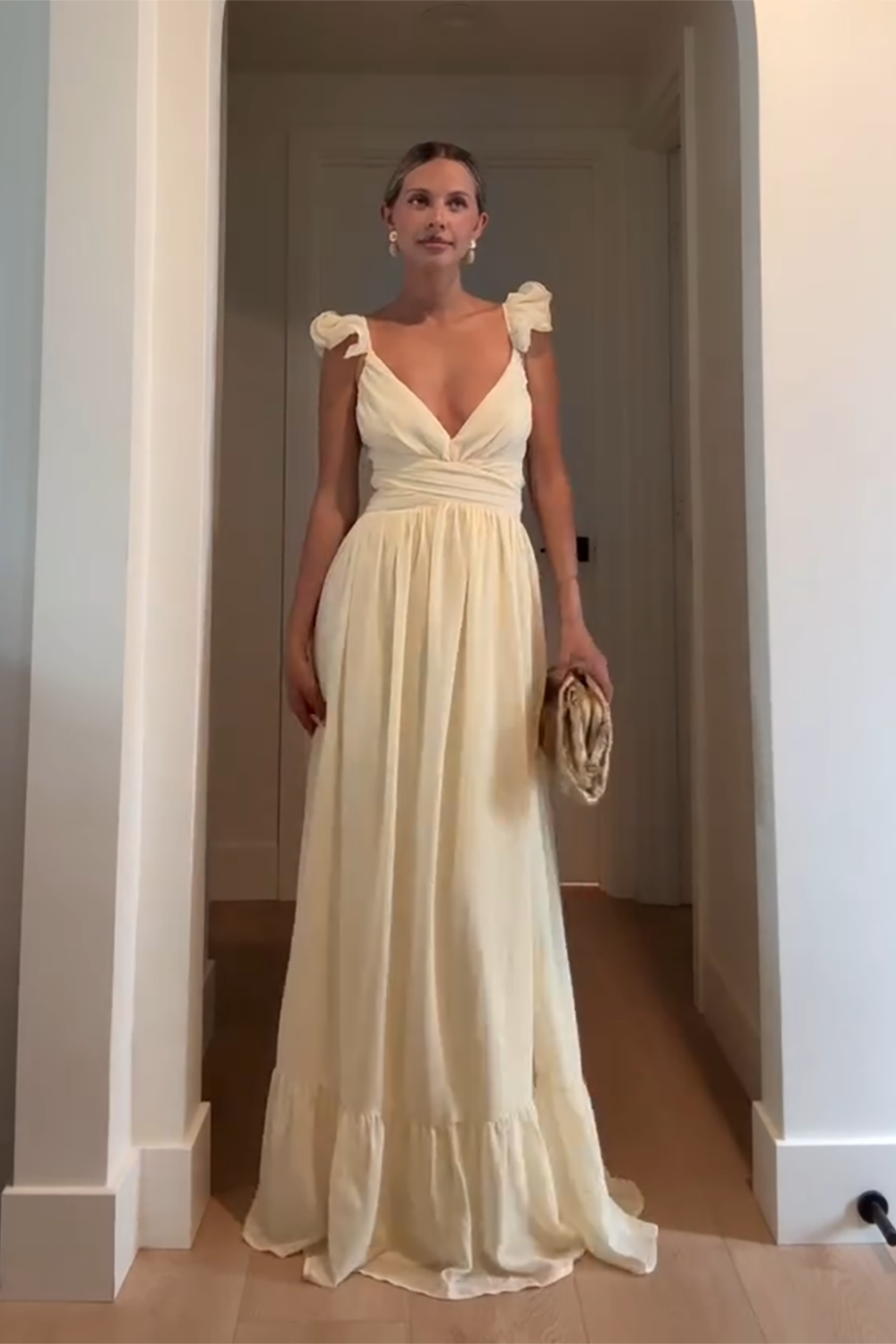 Yellow V-Neck Ruffled Sheath Maxi Dress with Sleeves