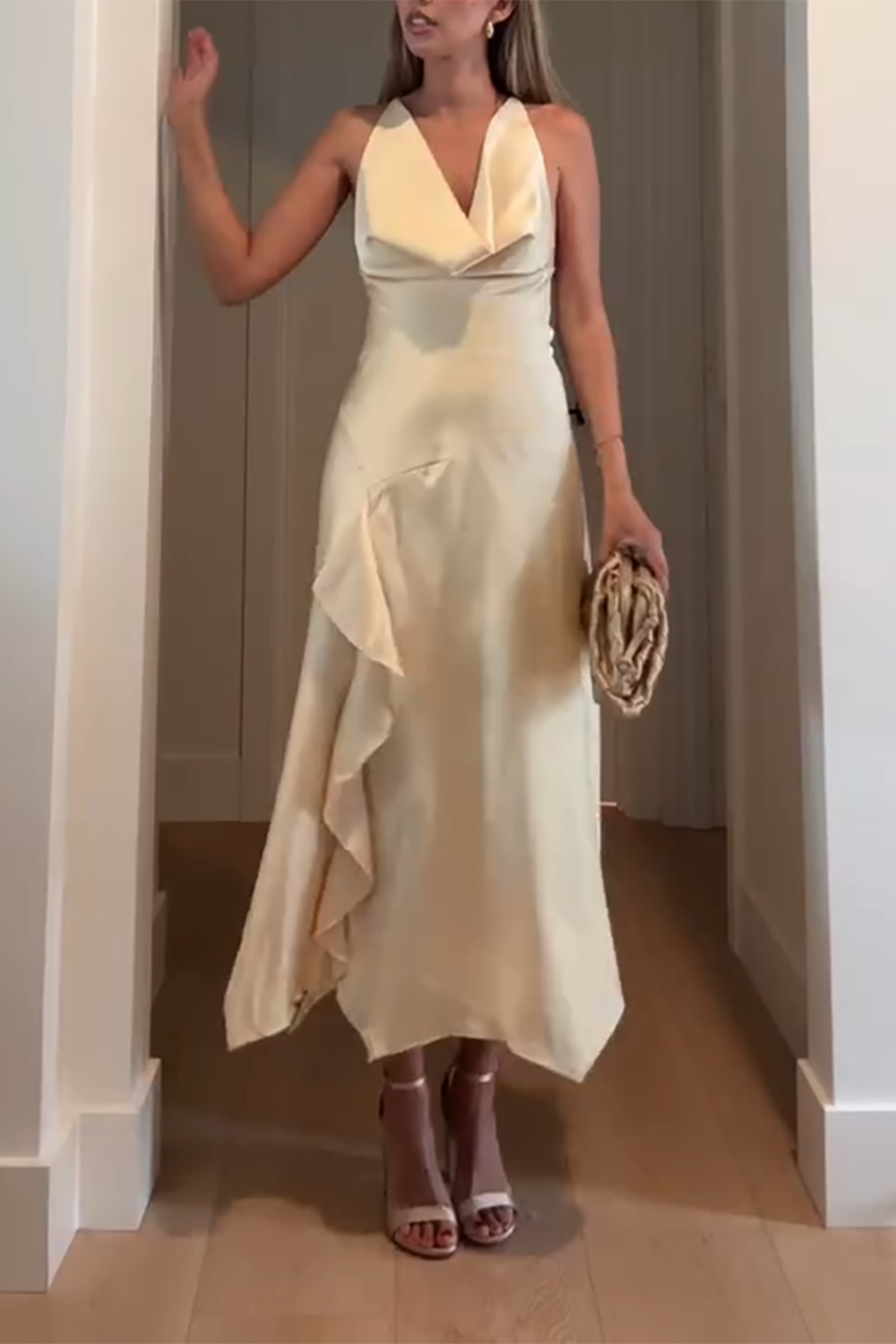 Yellow Satin Cowl Neck Sheath Ruffled Maxi Dress