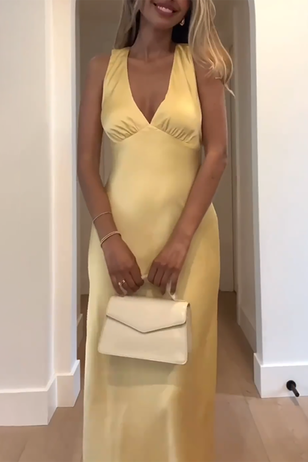 Elegant Yellow Satin Sheath Halter Backless Maxi Dress
