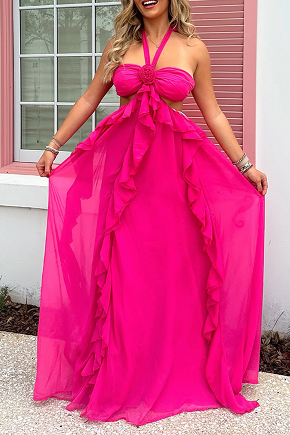 Fuchsia Floral A Line Cut Out Halter Maxi Dress with Ruffles