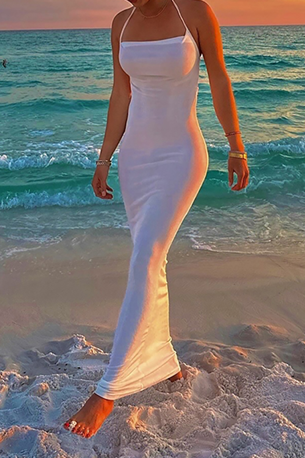 Simple White Halter Sheath Backless Boho Maxi Dress