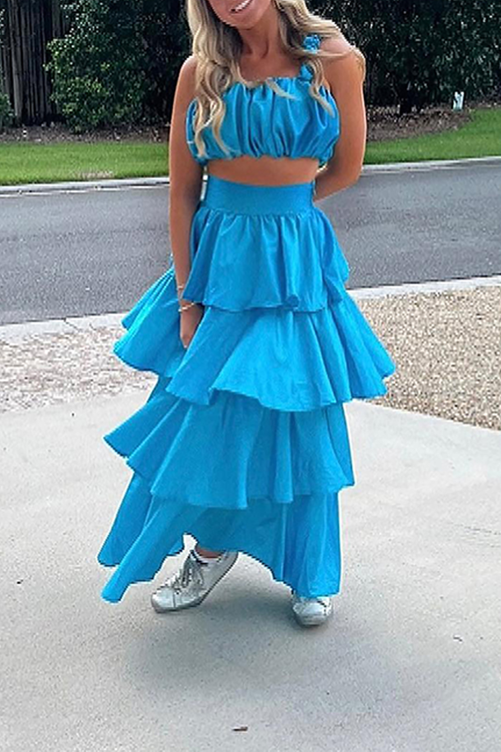 Blue Thick Straps A-Line Tiered 2-Piece Maxi Dress