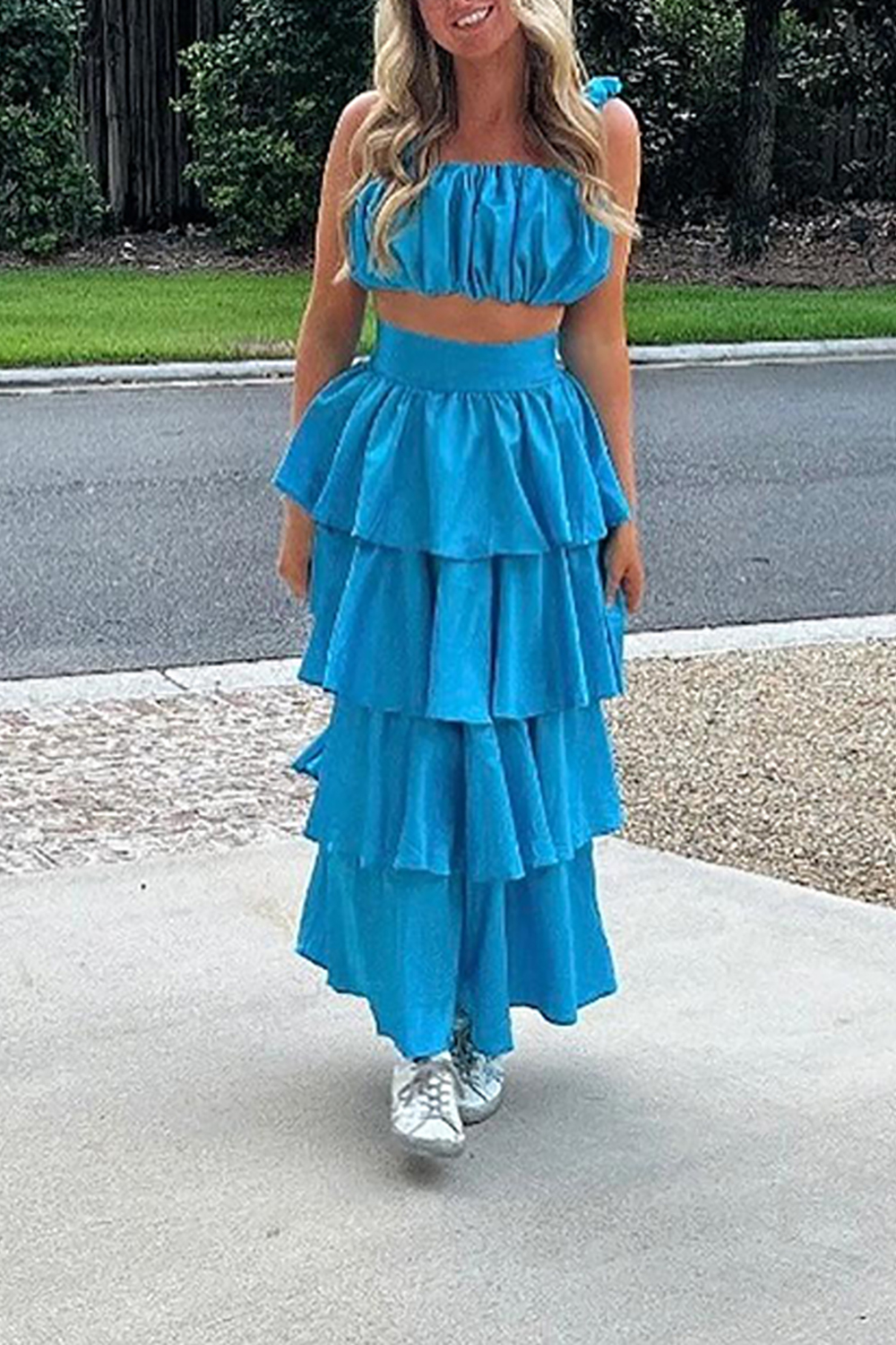 Blue Thick Straps A-Line Tiered 2-Piece Maxi Dress