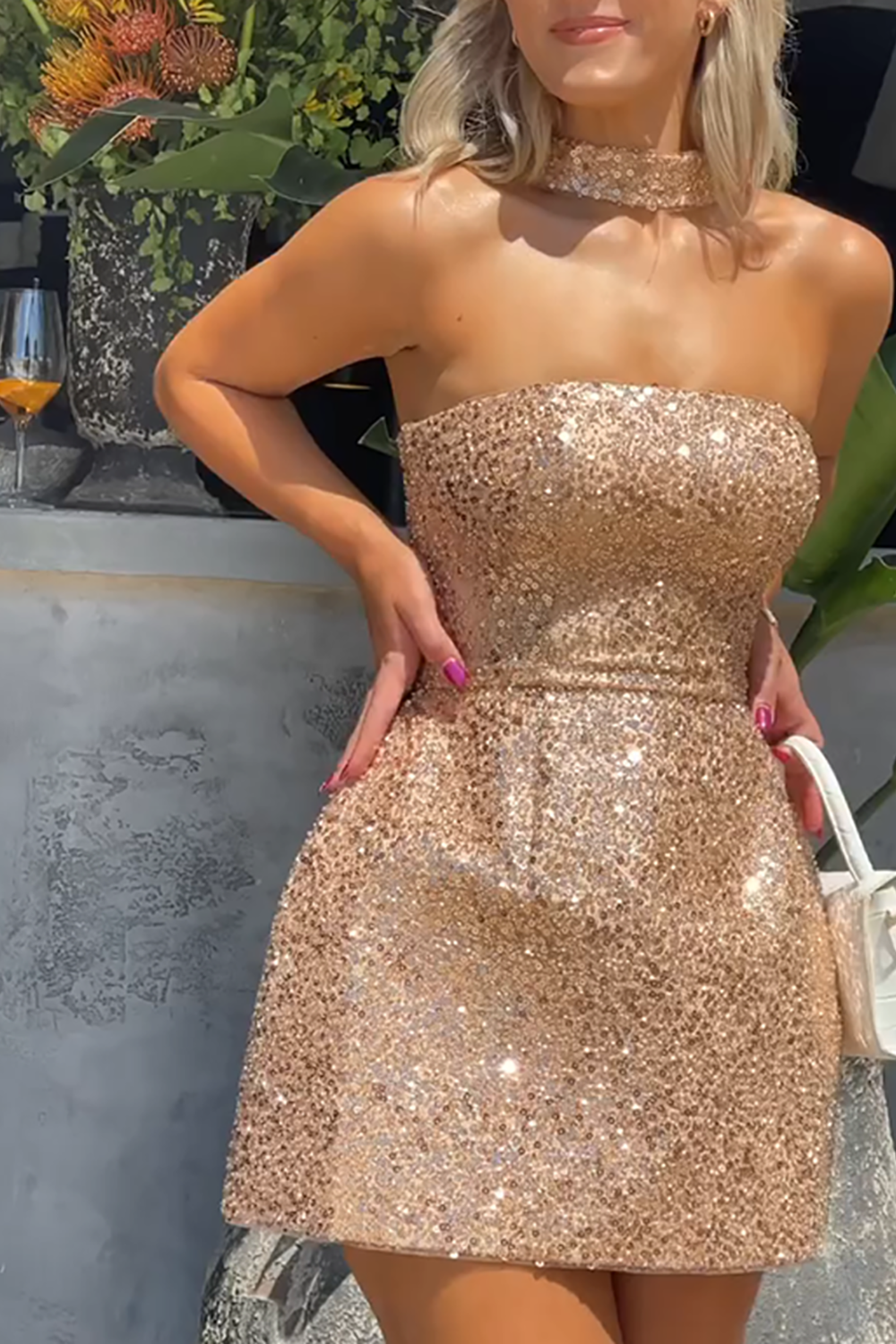 Sparkly Gold Sequin Strapless A Line Mini Dress