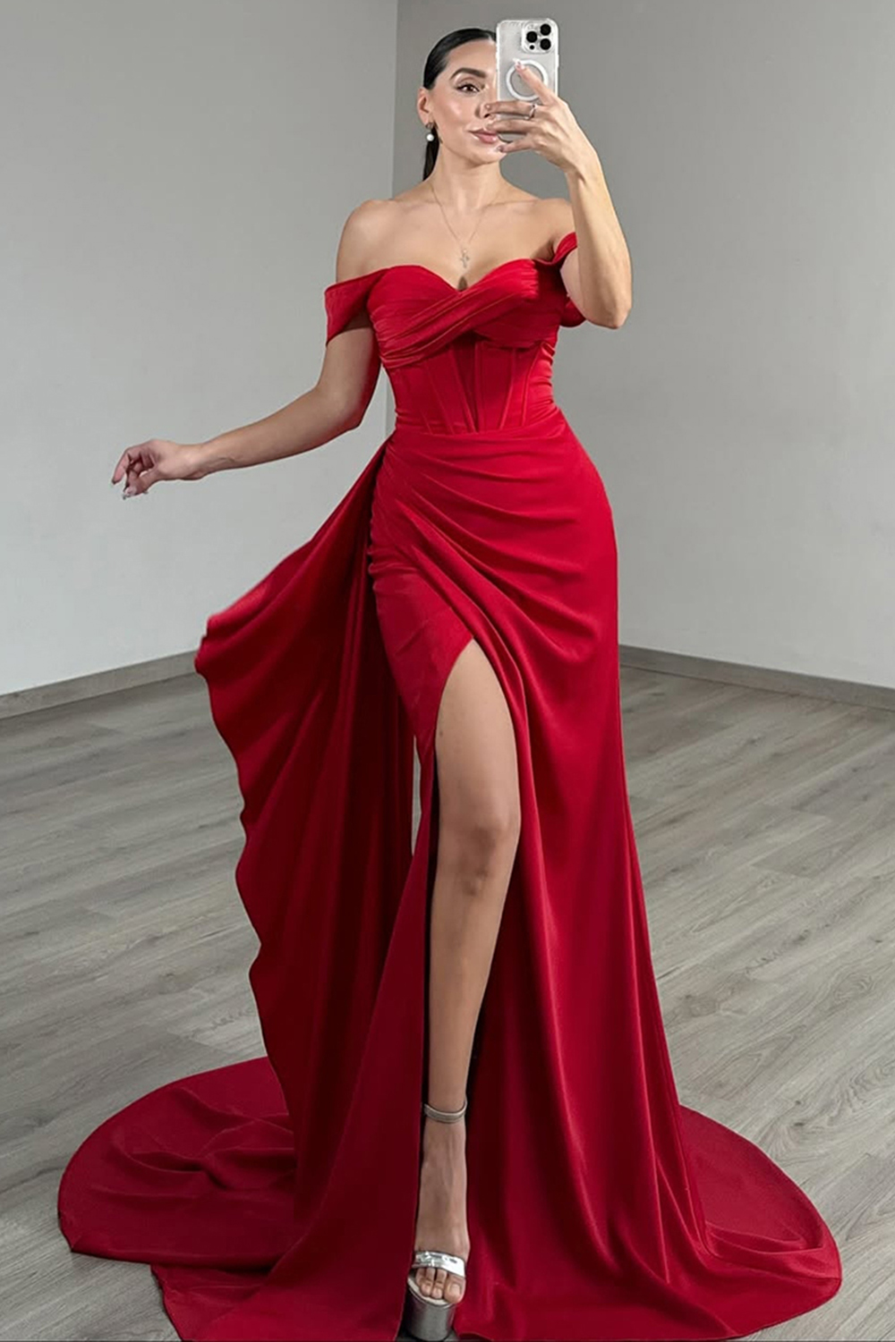 Red Satin Off the Shoulder Corset Long Prom Dress with Cape
