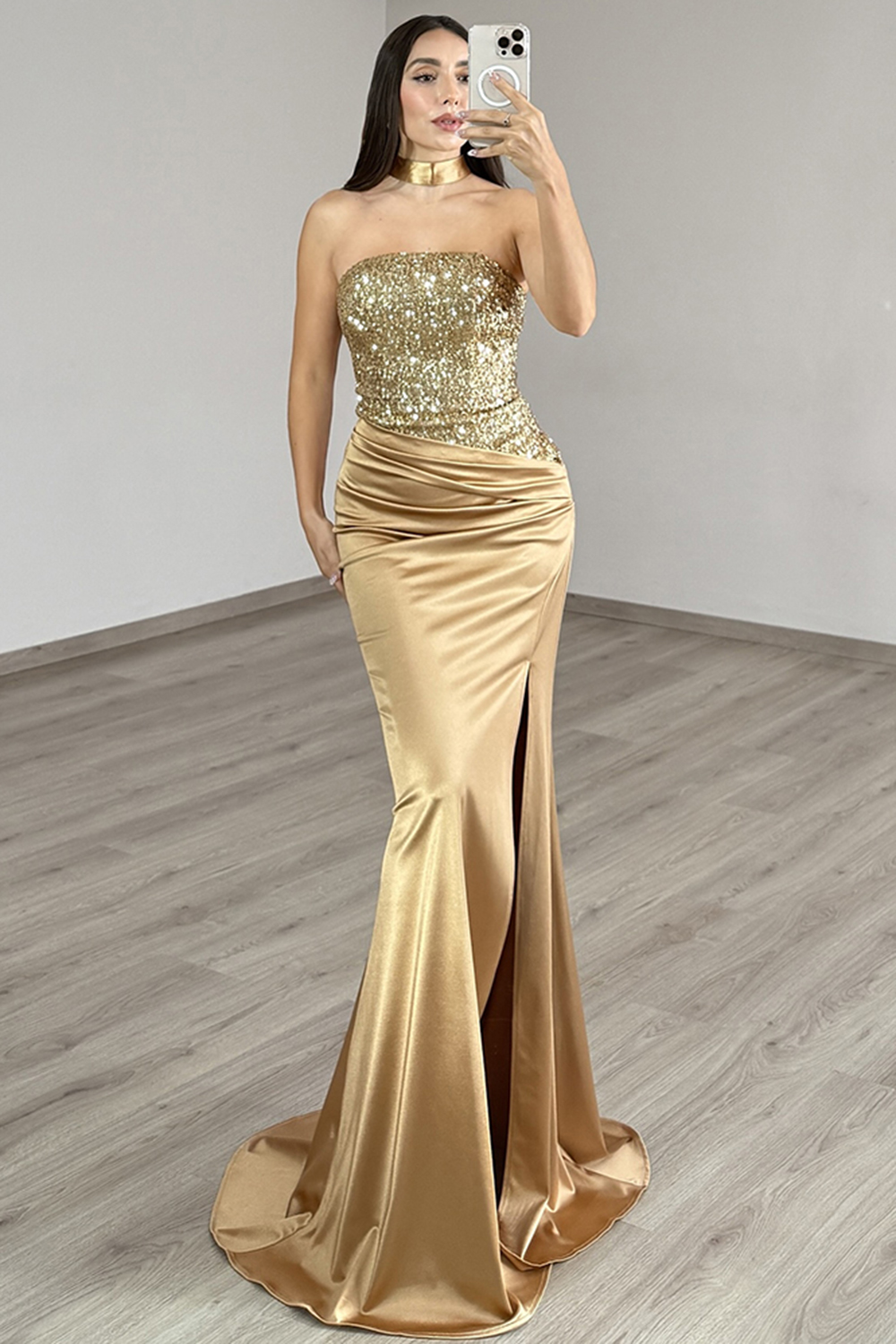 Sparkly Golden Mermaid Satin Strapless Long Prom Dress with Sequin