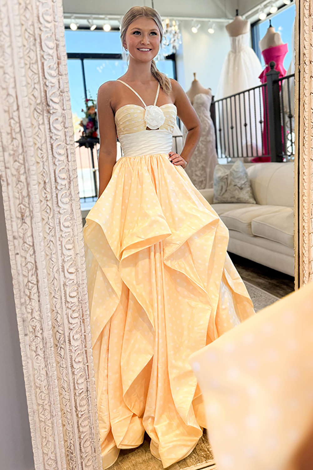 Black and White Polka Dot A Line Halter Floral Long Prom Dress with Ruffles