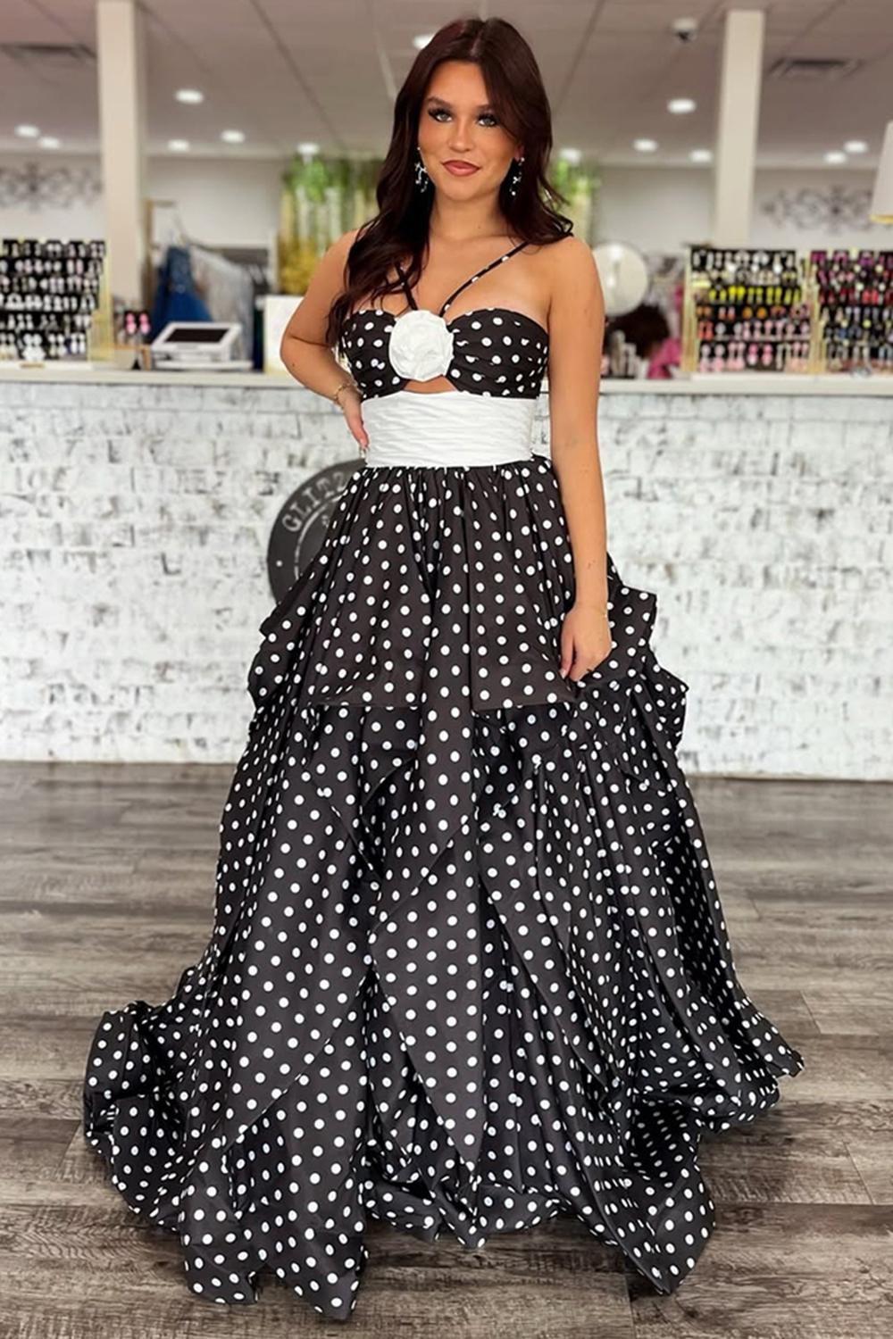 Black White Dot A Line Halter Floral Long Prom Dress with Ruffles