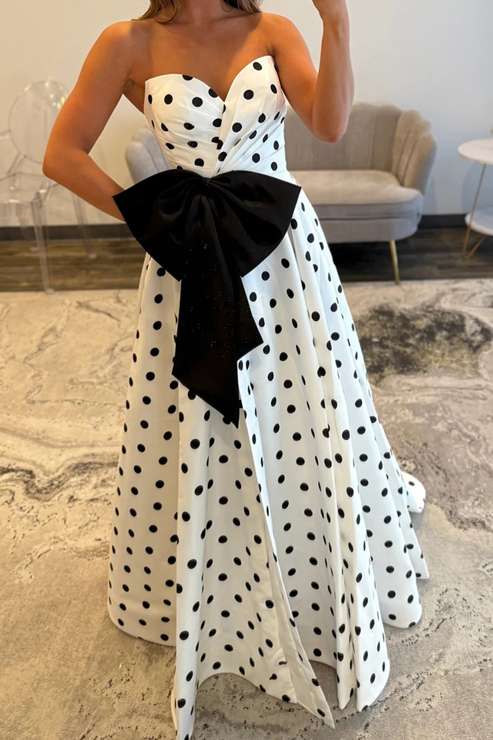 Fuchsia Sweetheart A Line Polka Dots Long Prom Dress with Bow