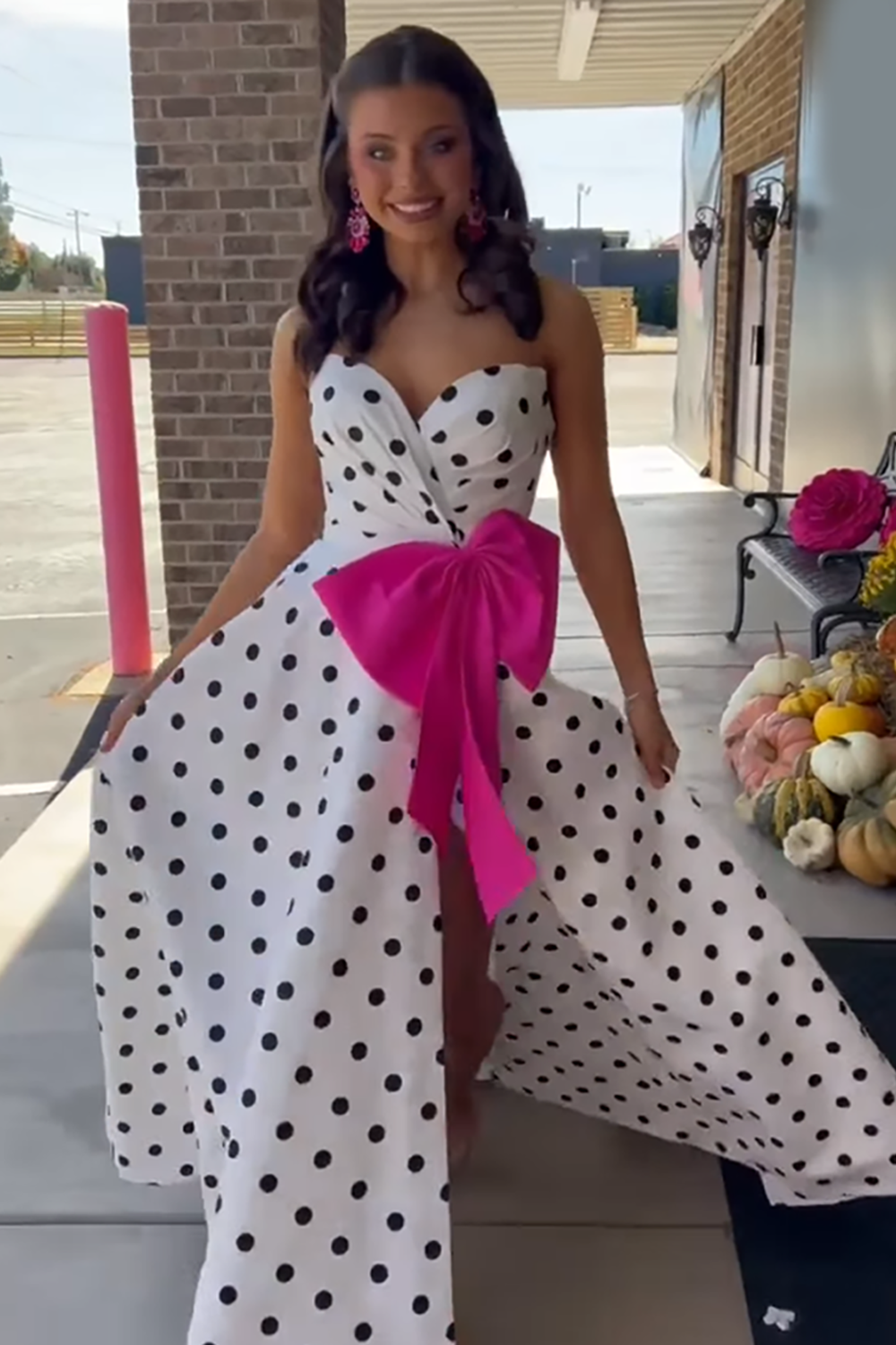 Fuchsia Polka Dots Sweetheart A Line Long Prom Dress with Slit