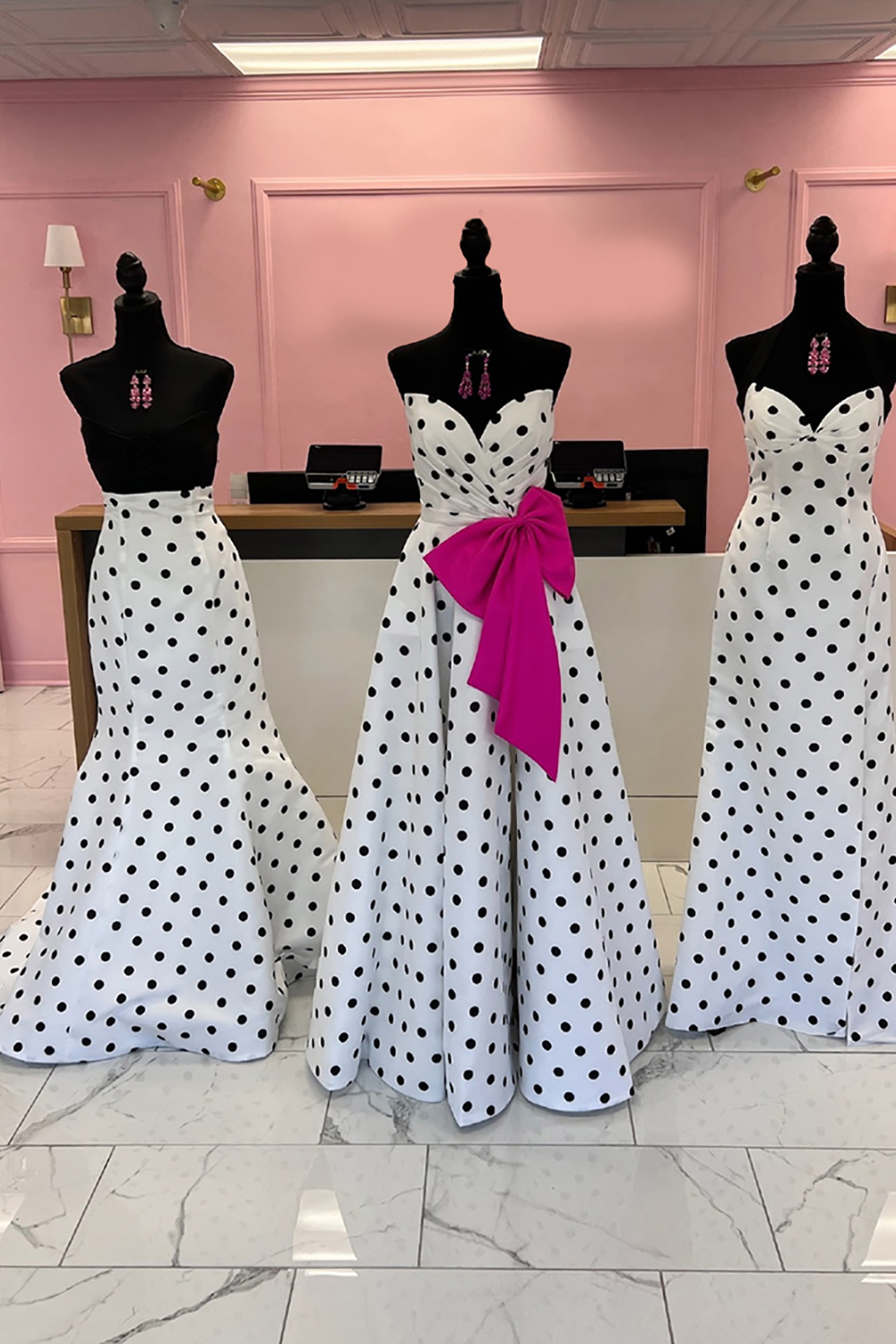 Fuchsia Polka Dots Sweetheart A Line Long Prom Dress with Slit