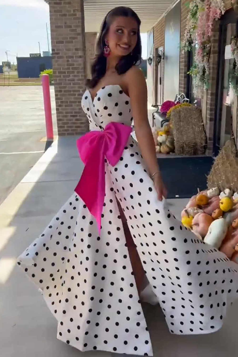 Fuchsia Polka Dots Sweetheart A Line Long Prom Dress with Slit