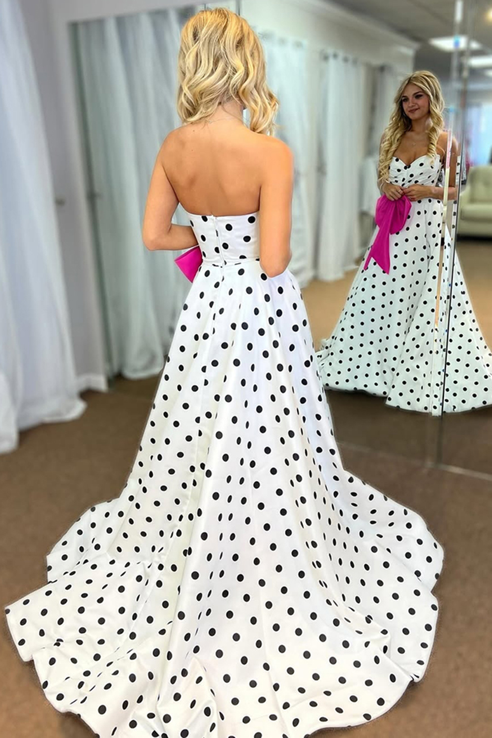 Fuchsia A Line Sweetheart Polka Dots Long Prom Dress with Bow