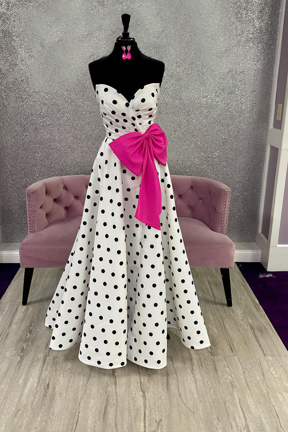 Fuchsia Sweetheart A Line Polka Dots Long Prom Dress with Bow