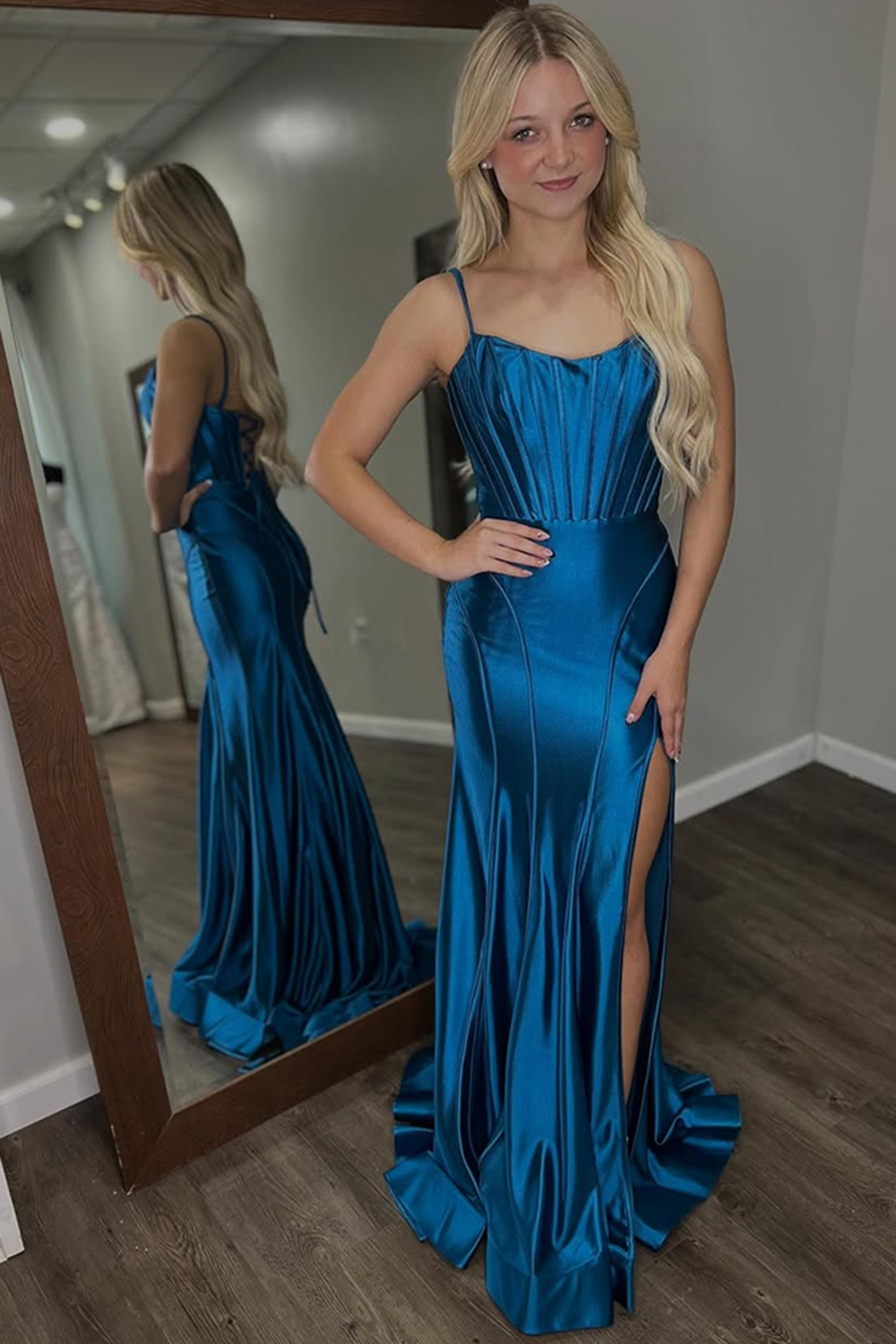 Dark Blue Corset Long Satin Spaghetti Straps Prom Dress with Slit