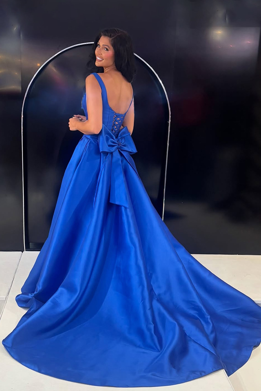 Sparkly Royal Blue Satin A Line Thick Straps Long Prom Dress with Beading