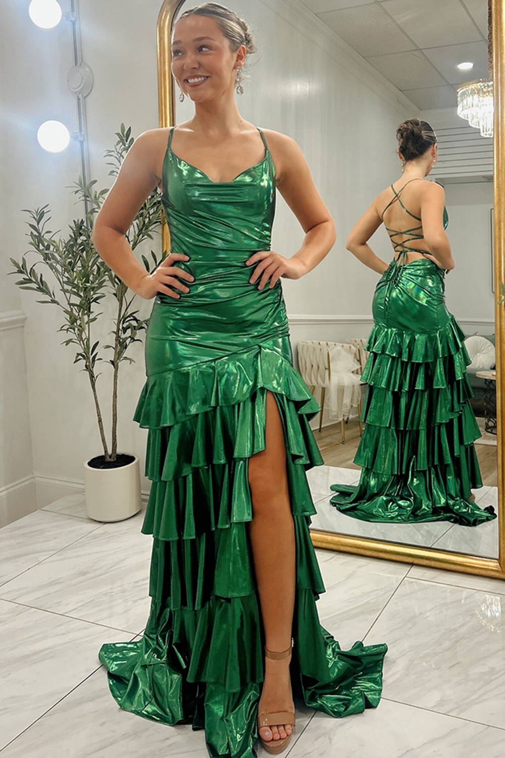 Sparkly Dark Green Metallic Ruffled Tiered Long Prom Dress with Slit