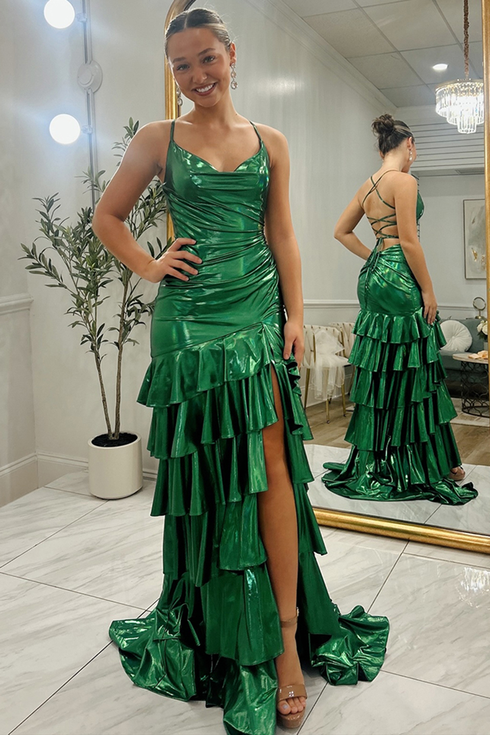 Sparkly Dark Green Metallic Ruffled Tiered Long Prom Dress with Slit