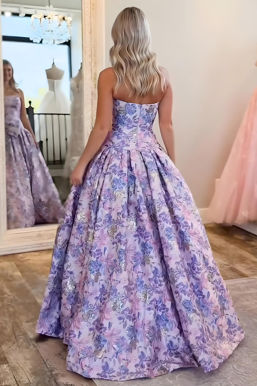 Purple Floral A Line Strapless Long Prom Dress with Bow