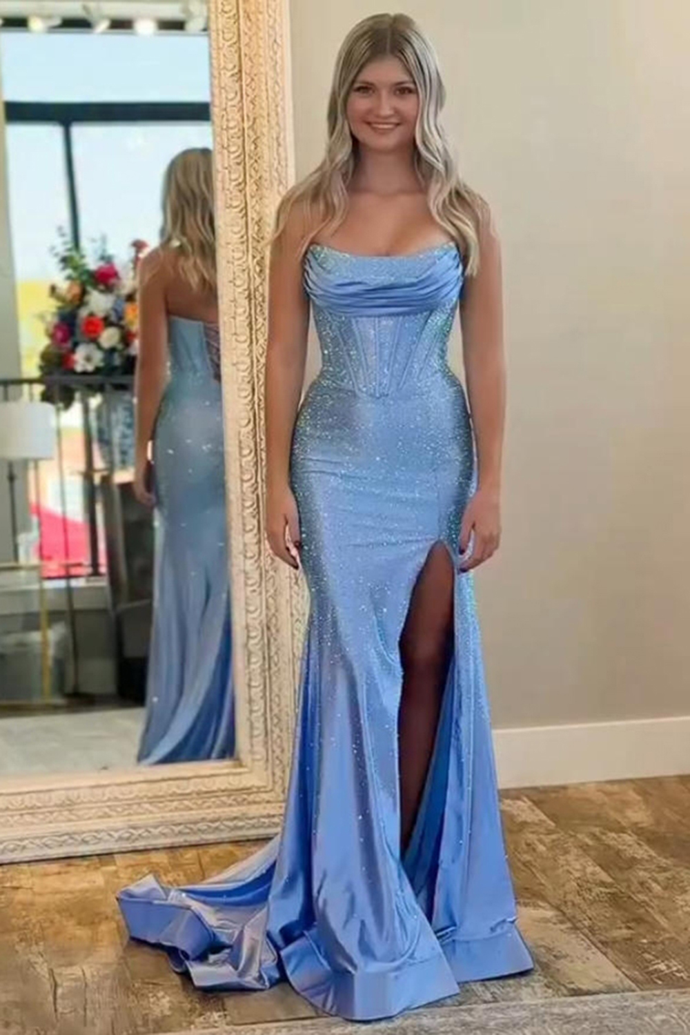 Sparkly Blue Mermaid Strapless Beaded Corset Long Prom Dress with Slit