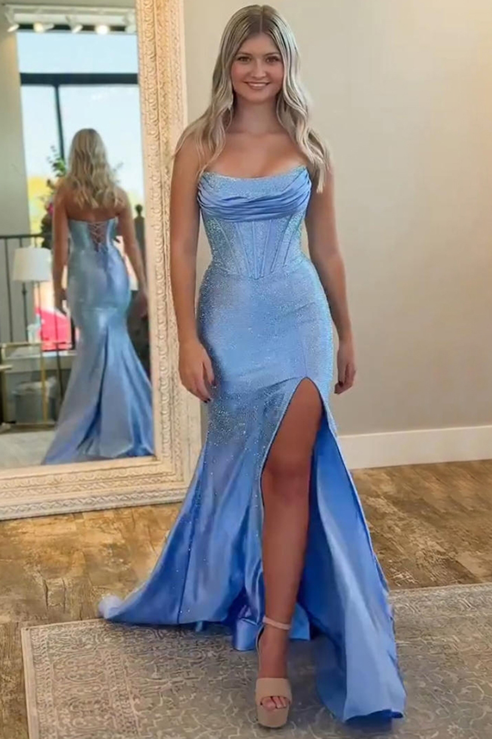 Sparkly Blue Mermaid Strapless Beaded Corset Long Prom Dress with Slit