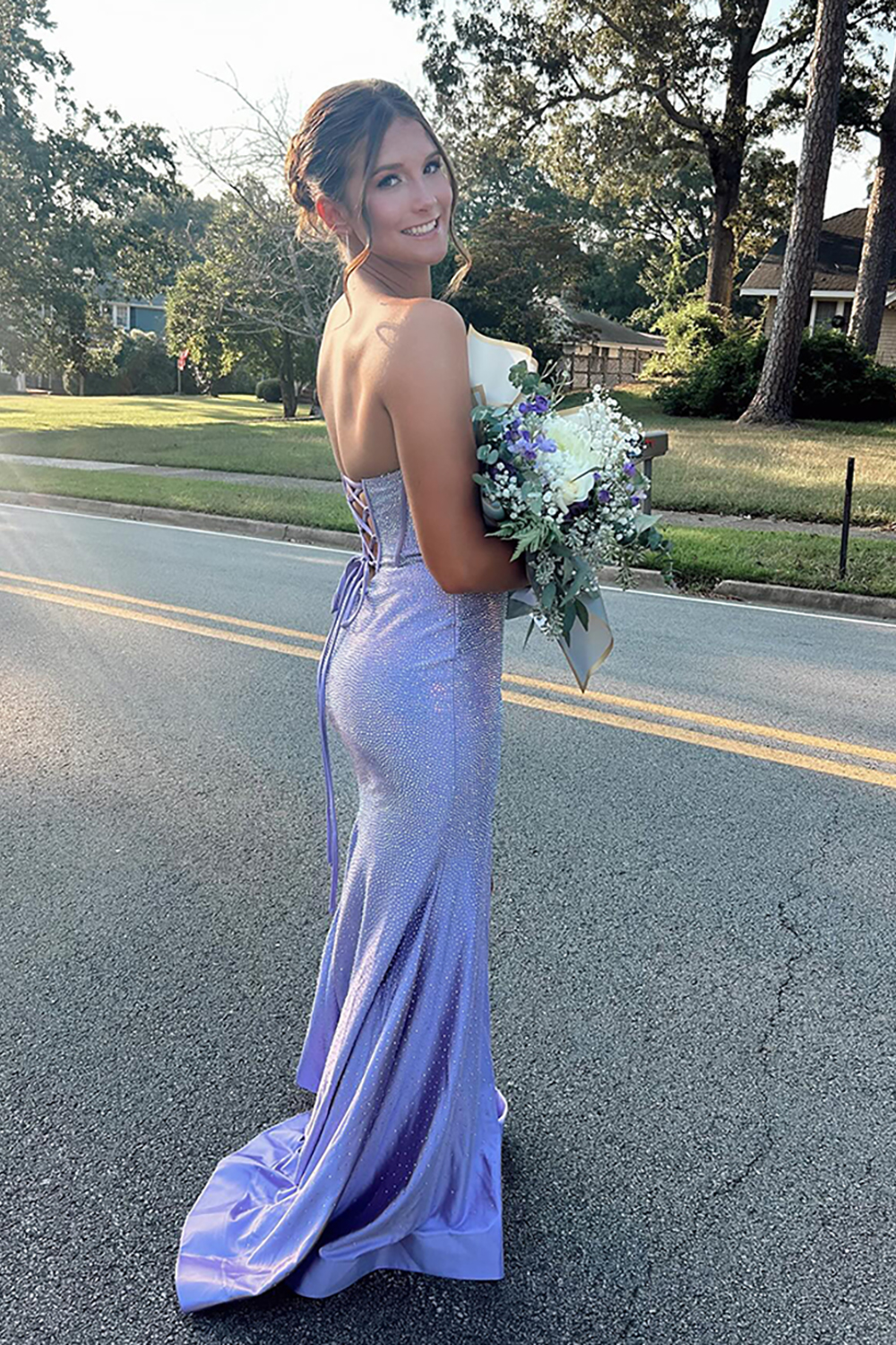 Sparkly Blue Mermaid Beaded Strapless Corset Long Prom Dress with Slit