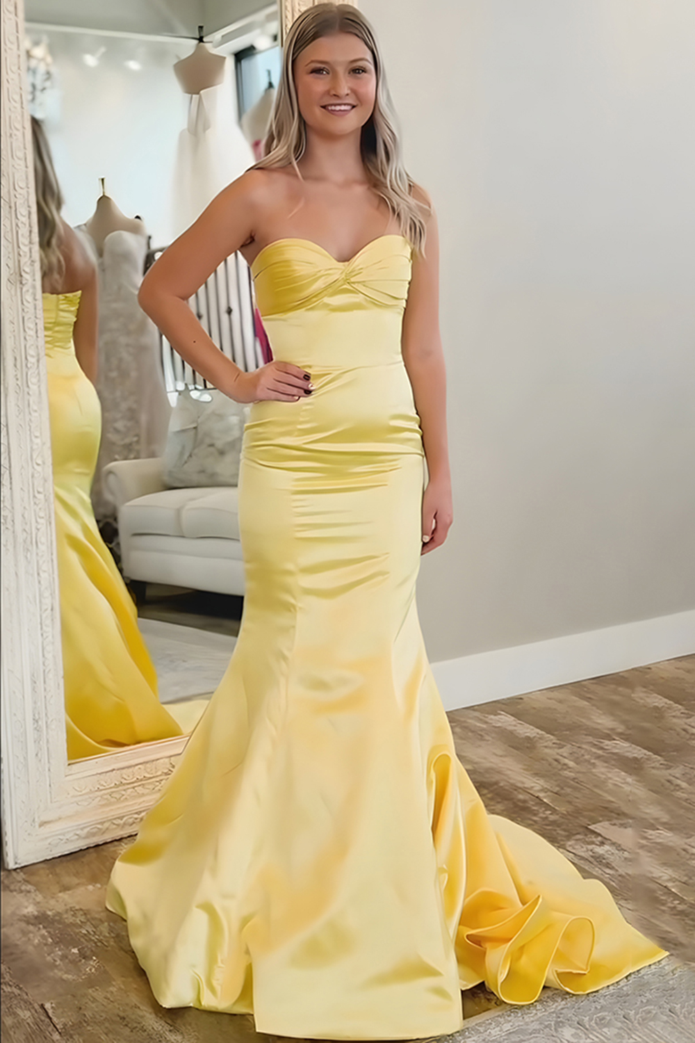 Yellow Satin Mermaid Sweetheart Long Prom Dress