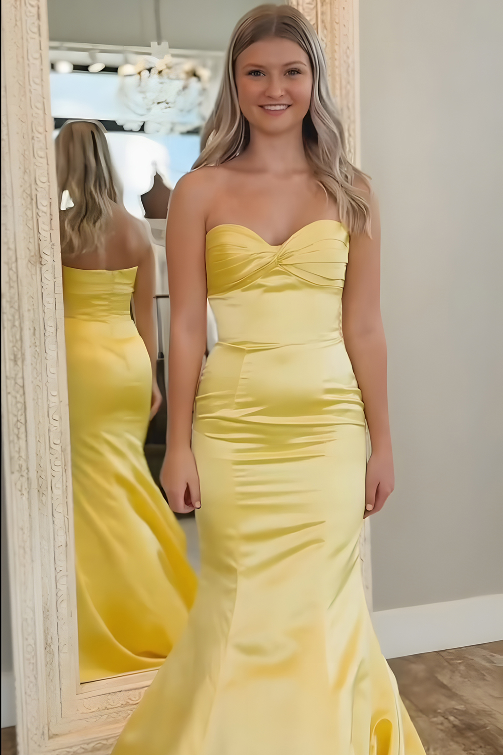 Yellow Satin Mermaid Sweetheart Long Prom Dress