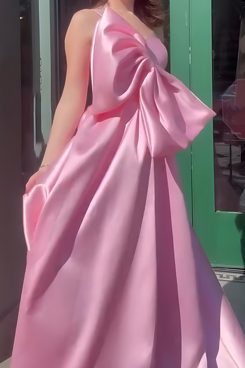 Pink Satin A Line One Shoulder Long Prom Dress with Bow