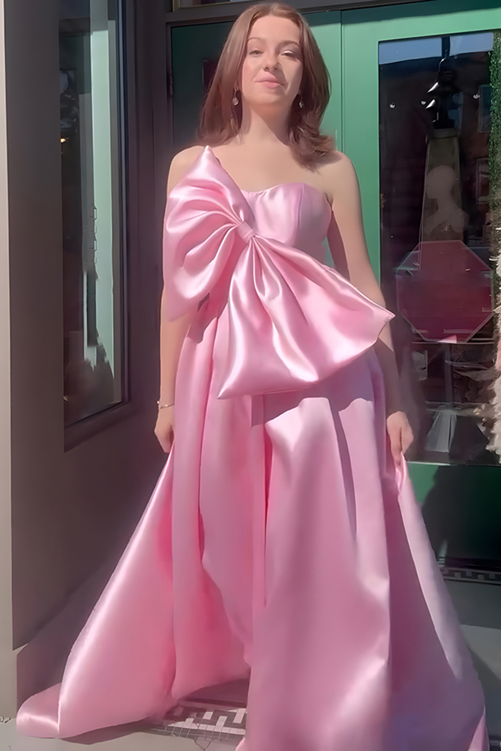Pink Satin A Line One Shoulder Long Prom Dress with Bow
