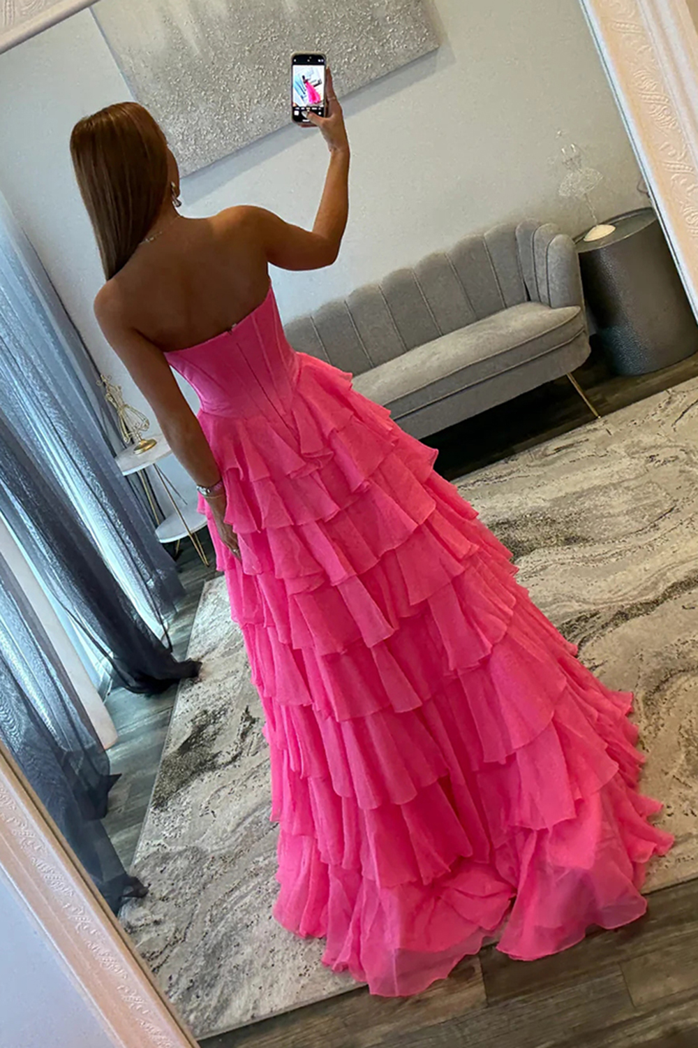 Fuchsia A Line Tiered Ruffled Strapless Long Corset Prom Dress with Slit