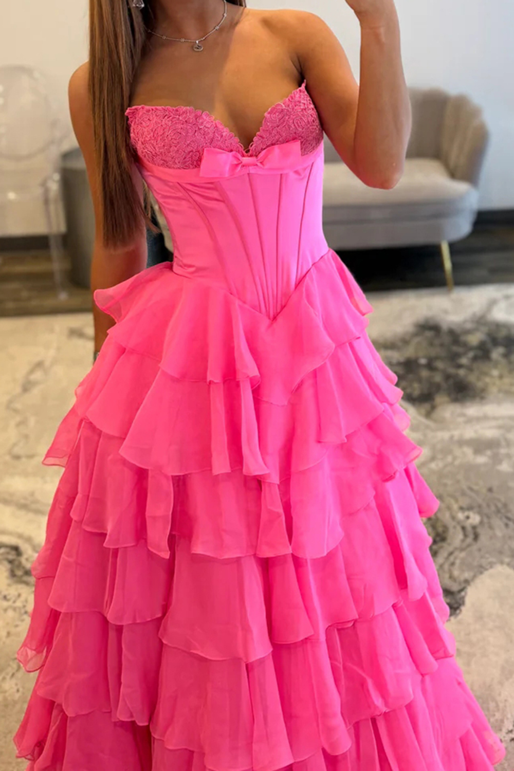 Fuchsia A Line Tiered Ruffled Strapless Long Corset Prom Dress with Slit