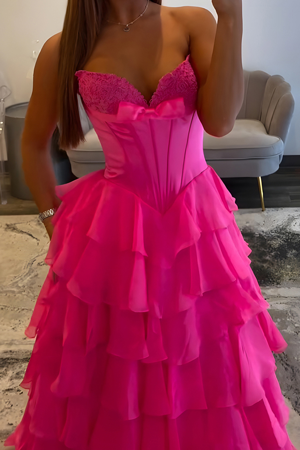 Fuchsia A Line Tiered Strapless Long Corset Prom Dress with Slit