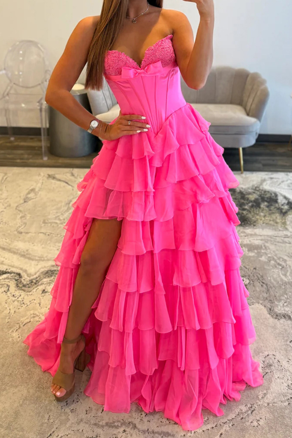 Fuchsia A Line Tiered Ruffled Strapless Long Corset Prom Dress with Slit