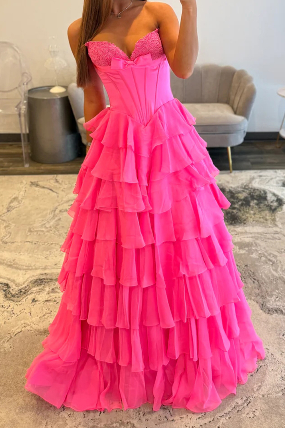 Fuchsia A Line Tiered Ruffled Strapless Long Corset Prom Dress with Slit