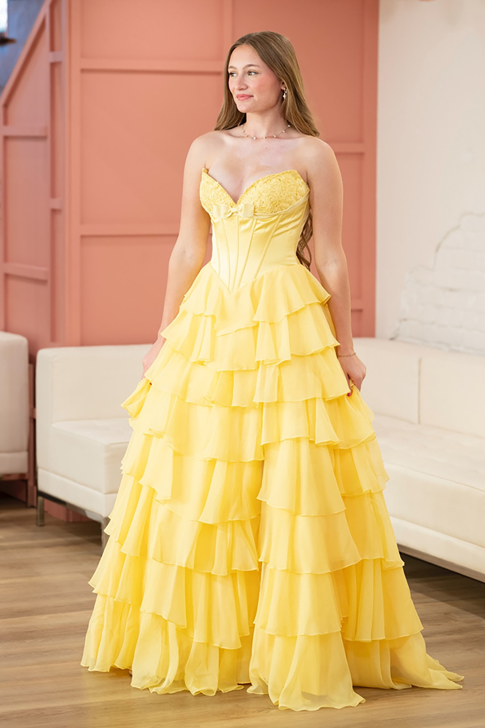 Fuchsia A Line Tiered Ruffled Strapless Long Corset Prom Dress with Slit