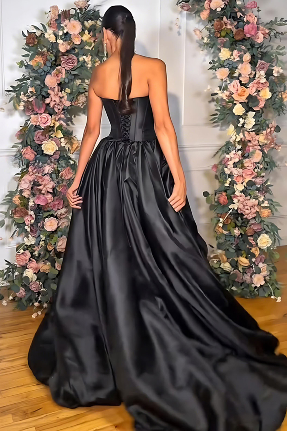Blush A Line Strapless Satin Long Corset Prom Dress with 3D Flower
