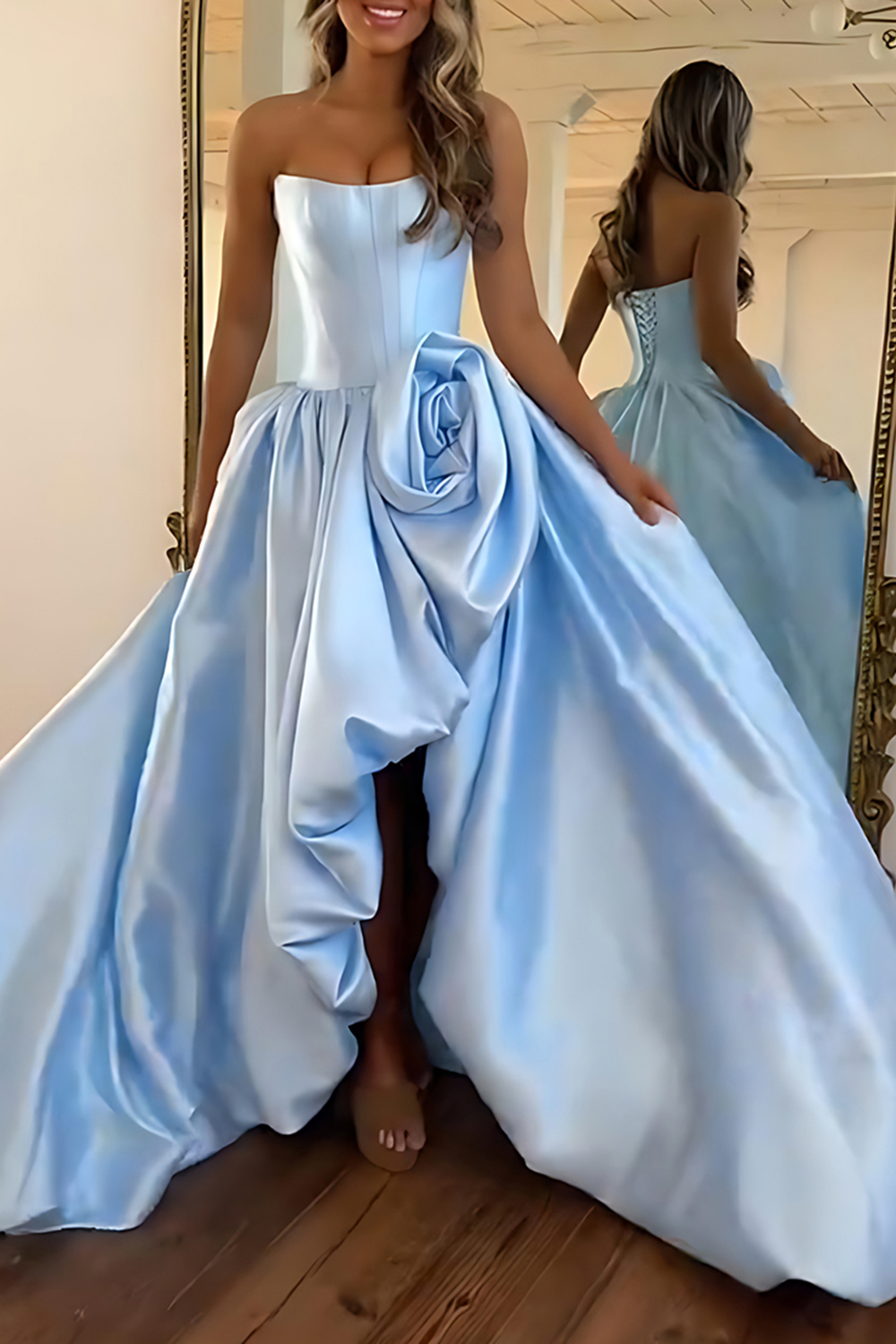 Blush A Line Strapless Satin Long Corset Prom Dress with 3D Flower