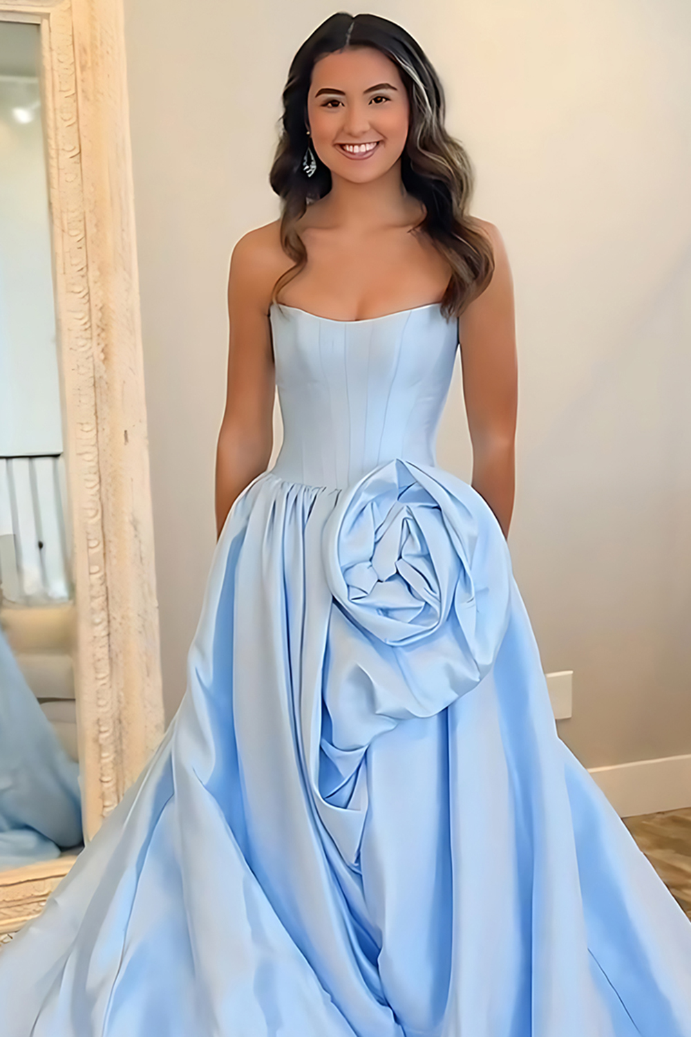 Blush A Line Strapless Satin Long Corset Prom Dress with 3D Flower
