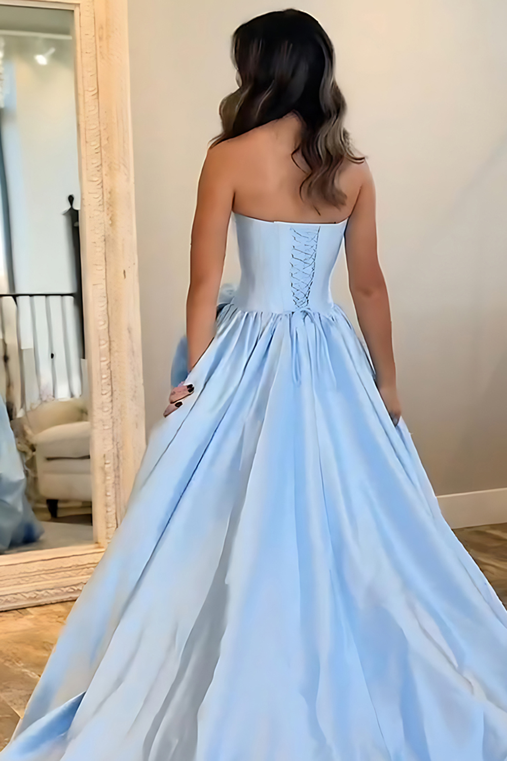 Blush A Line Strapless Satin Long Corset Prom Dress with 3D Flower