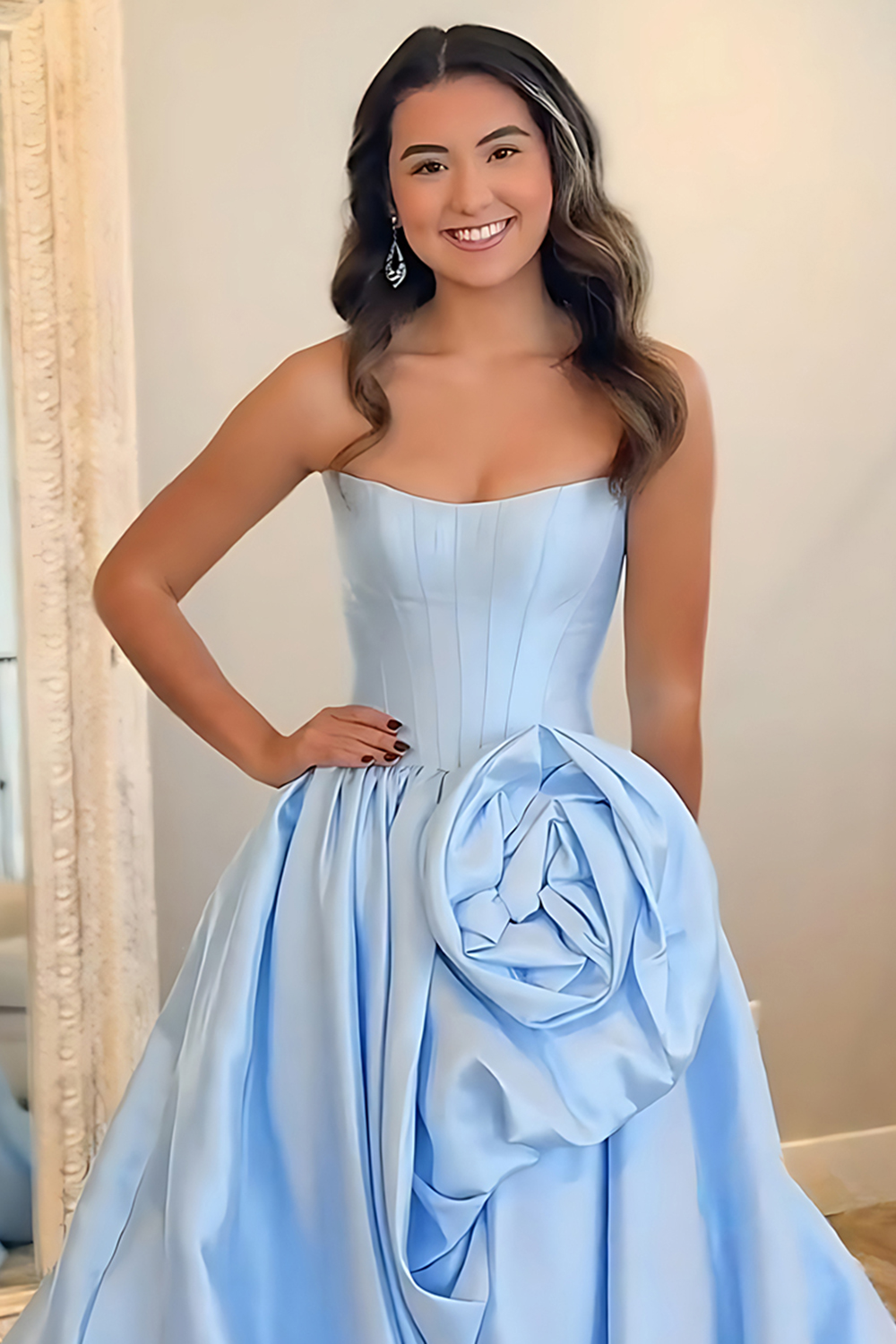 Blush A Line Strapless Satin Long Corset Prom Dress with 3D Flower