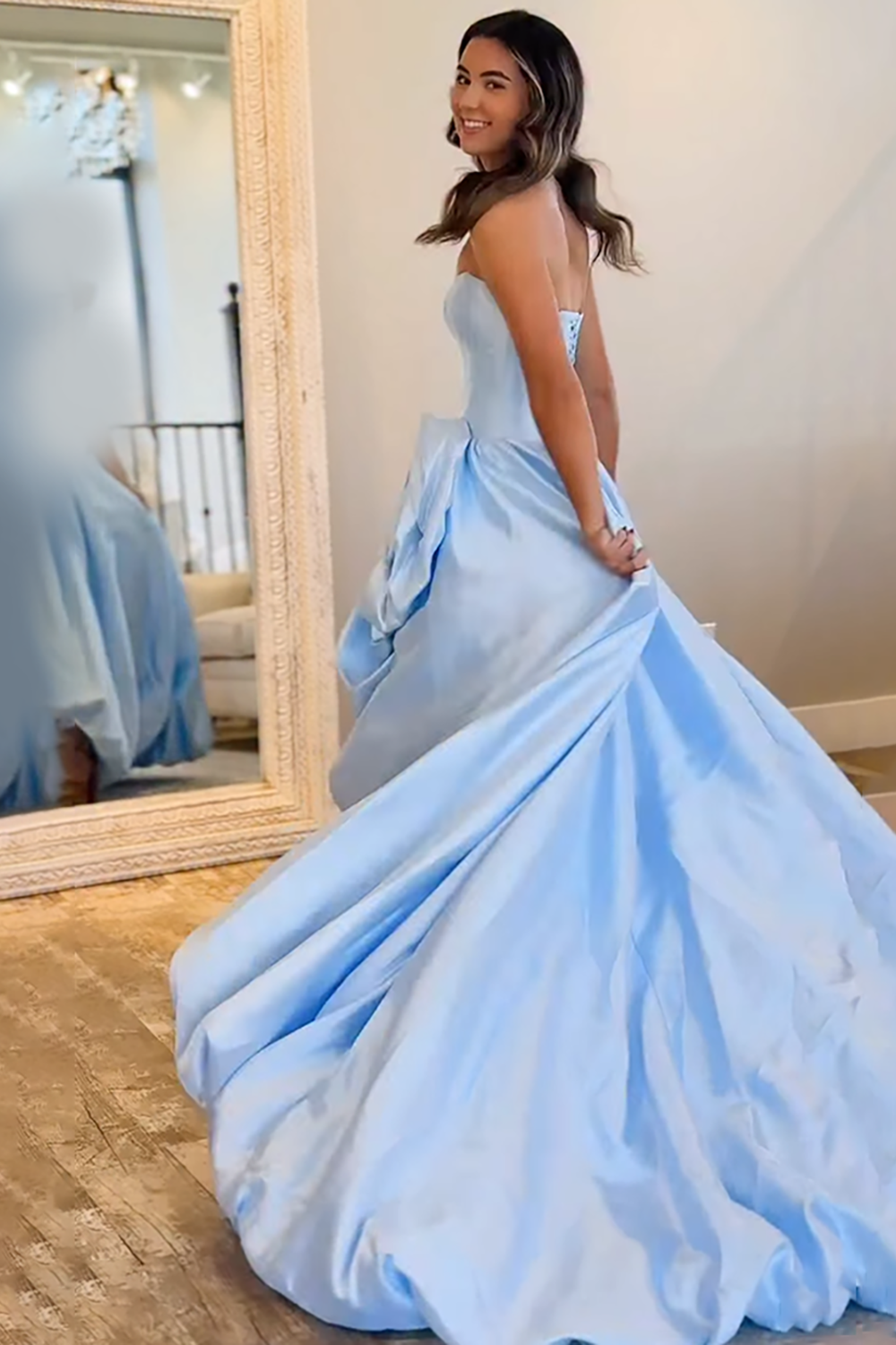 Blush A Line Strapless Satin Long Corset Prom Dress with 3D Flower