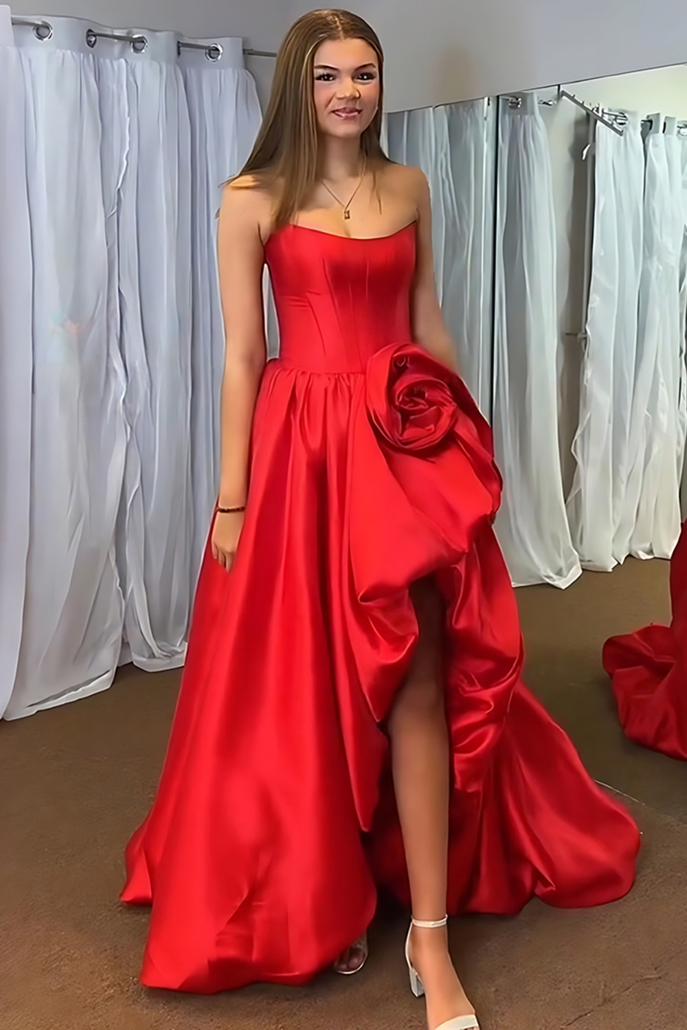 Blush A Line Strapless Satin Long Corset Prom Dress with 3D Flower