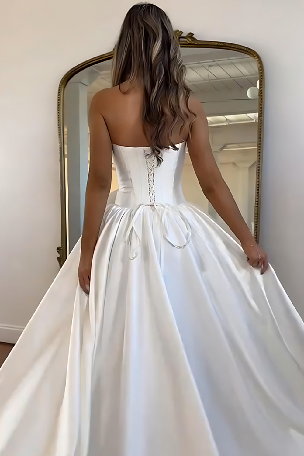 Blush A Line Strapless Satin Long Corset Prom Dress with 3D Flower