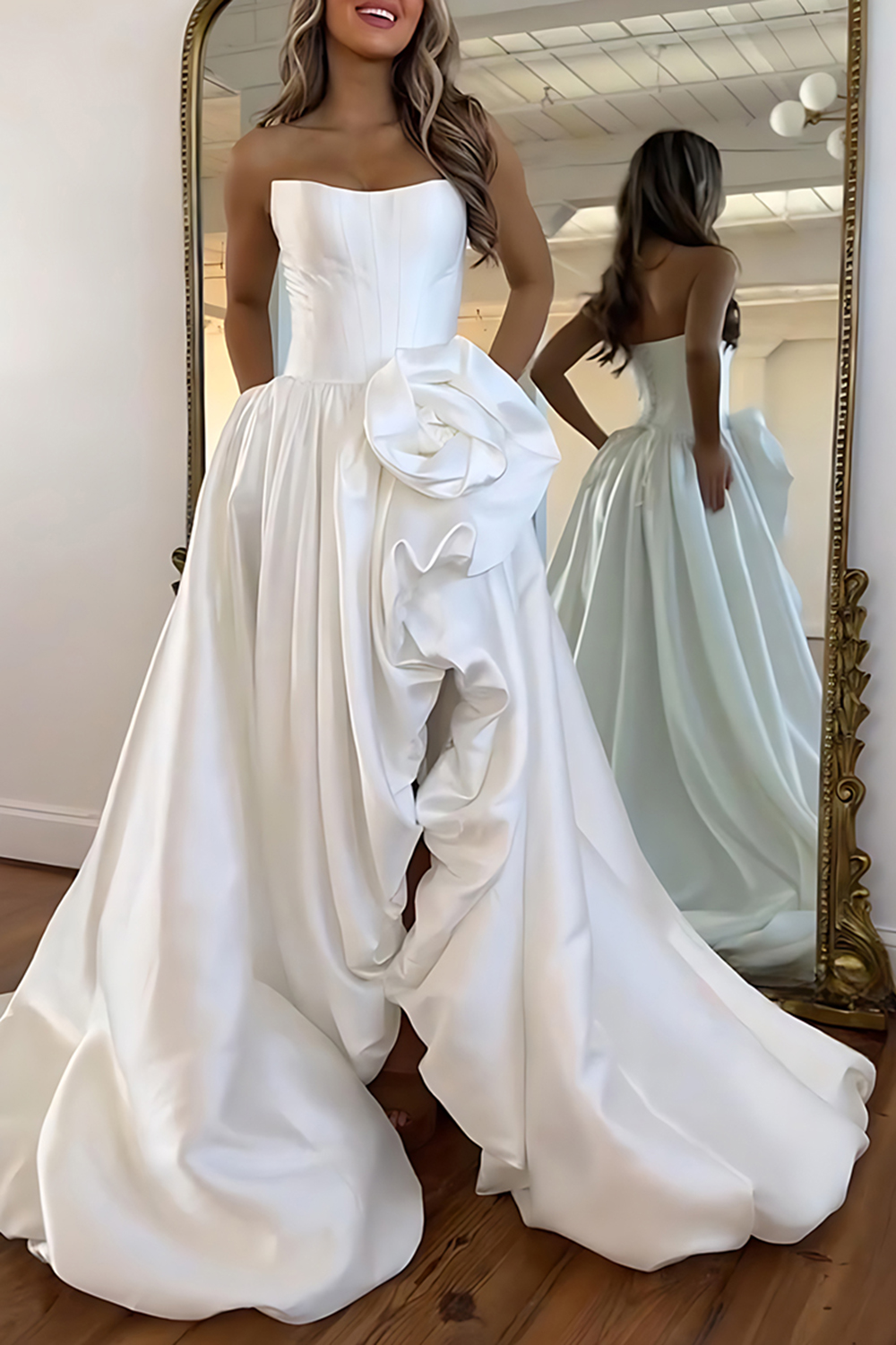 Blush A Line Strapless Satin Long Corset Prom Dress with 3D Flower