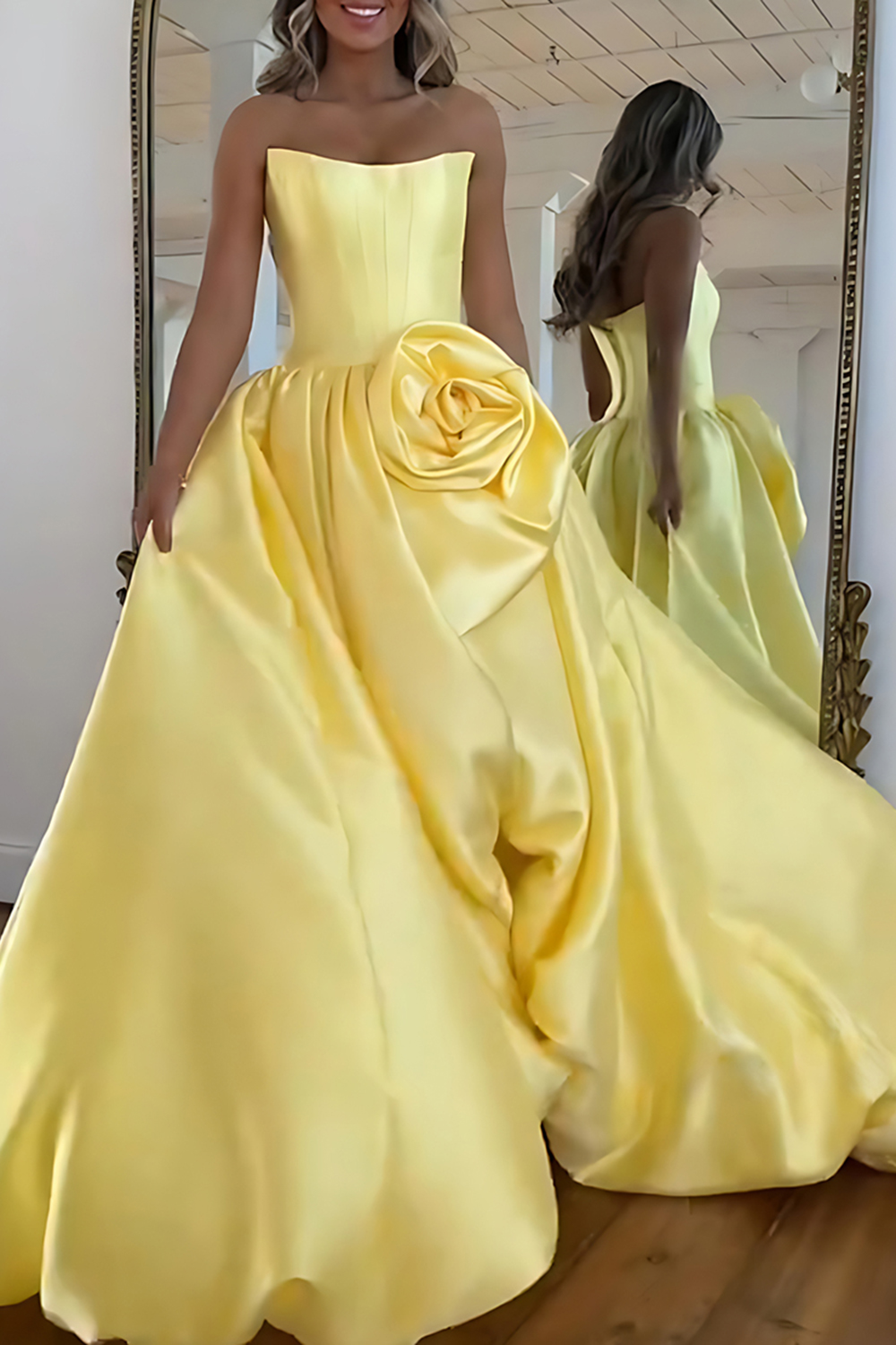 Blush A Line Strapless Satin Long Corset Prom Dress with 3D Flower