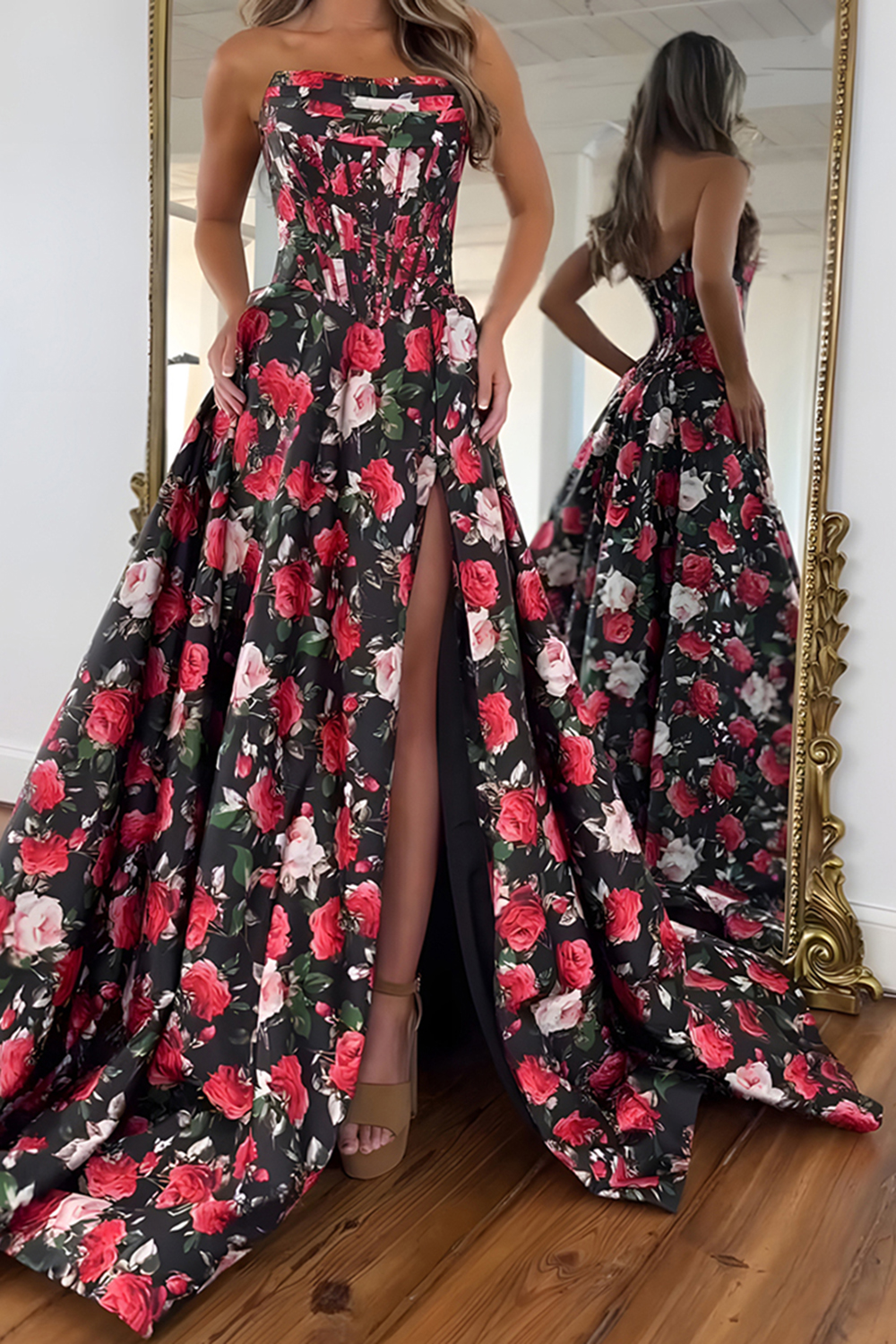 Floral Black Red A Line Satin Strapless Long Corset Prom Dress with Slit